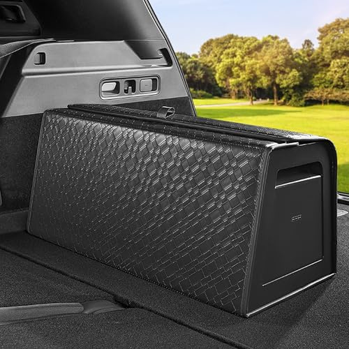 POKSRI Organizador de maletero, Caja de almacenamiento auto, Storagebox de cuero con tapa, plegable y ajustable, 65 cm (L) x 33 cm (A) x 31,5 cm (Al),65,5 litros de capacidad (Talla C)