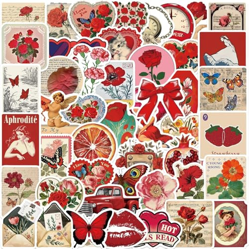 50 Pieces Retro Red Stickers for Water Bottle|Vinyl Waterproof Sticker Laptop Skateboard Phone Car Decals for Teens Adults Party Favors Supplies Decor (Retro Red Decals)