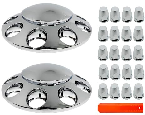KRGUOD Semi Truck Hub Covers & Wheel Covers Kit - 2 Front Axle Covers, 33mm Thread-on Lug Nut Covers, 10 Hole Removable Hub Caps/Wheel Caps, ABS Chrome Plastic (Installation Tool Included).