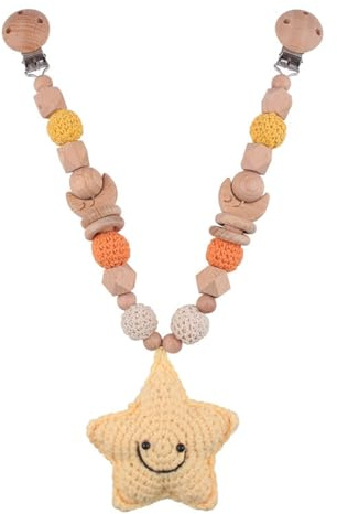 Ueiwffzo Kinderwagen Kette für Babys, Gehäkelt Sonne Mond Anhänger Baby Mobile Kinderwagenkette aus Holz, Babyspielzeug Kinderwagen Spielzeug für Babys (Stern)