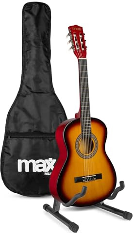 MAX SoloArt Junior 3/4 guitarra infantil clásica con soporte MAX GP20, funda mochila, afinador digital, cuerdas extra, púas y correa, para niños principiantes de 8 a 12 años