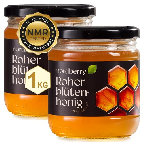 Nordberry 1 kg Miel Brut de Fleurs Sauvages – Pur, naturel et non Filtré de Lettonie – (2 x 500 g) – Coffret cadeau