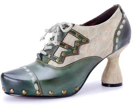 Läderpumpar, kvinnor färgglada vintage blockklack pumps Oxfordskor snörning Mary Jane-skor mitten kattunge häl halkskydd bröllop fest skor sommar vinter ankelstövel, gRÖN, 43 EU