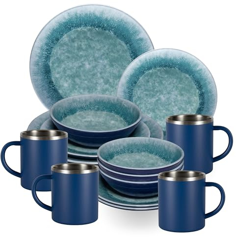 Adria Blue Service de table en mélamine pour 4 personnes – 16 pièces Bleu – Avec tasses thermiques en acier inoxydable aspect faïence Vaisselle de camping caravane Camping Festival pique-nique fête