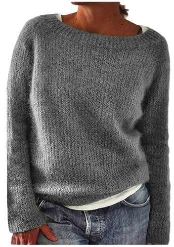 Generisch 2026 Pull en tricot à manches longues pour femme Col bateau Rétro Pull léger Top pour l'hiver, gris, S