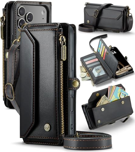 FONREST Läderväska väska fodral för iPhone-17-Pro-Max, magnetiskt flipfodral med ställ RFID-blockerande korthållare kontantplats dragkedja ficka crossbody snodd handledsrem (svart)