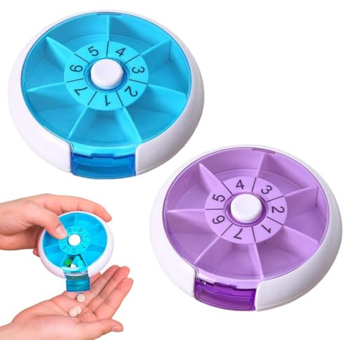 JUGUTA Wochendispenser 7 Tage 1 Stück, Kleine Pillendose Blau Lila, Medikamentenbox Rund, Länge 9Cm, Breite 9Cm, Höhe 2.2Cm, Ideal Für Unterwegs