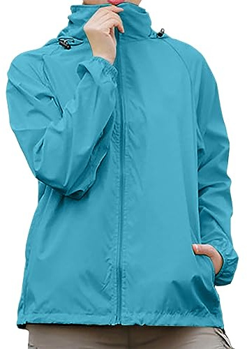 Veste Imperméable Femme à Capuche Couleur Unie Coupe-Vent Léger Manteau de Pluie avec Zippé Manches Longues Femme Décontracté Fermeture Éclair d'extérieur Imperméable Veste de Pluie (02 Sky Blue, M)