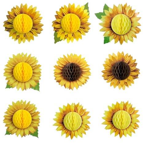 Lot de 9 éventails en papier, tournesol, nid d'abeille, fleurs en papier, décoration à suspendre, en papier de soie jaune, pour anniversaire, mariage, fête prénatale