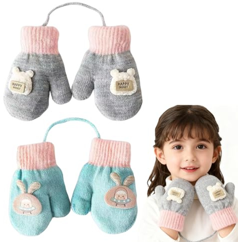 FOSDICK 2 Pares Manoplas de Punto de Invierno para Bebés, Lindos Manoplas Invierno Niñas 1-3 Años, Guantes Térmicos Mitones con Forro Polar y Cuerda Colgar Cuello