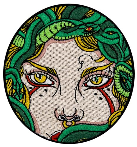 Aufnäher, bestickt, Design: Der Blick von Medusa, zum Aufbügeln oder Aufnähen