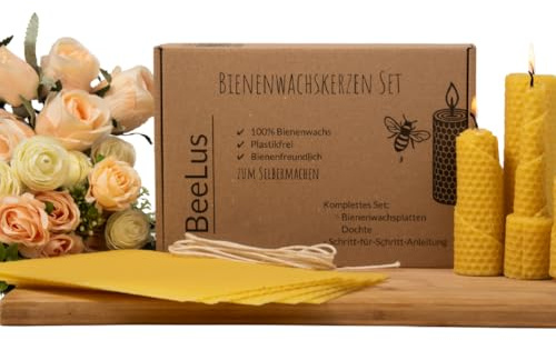 BeeLus Bienenwachskerzen Bastelset mit 10 Wachsplatten, 20 * 13 cm, 100% reines Bienenwachs, Bienenwachskerzen selbermachen mit Bienenwachsplatten