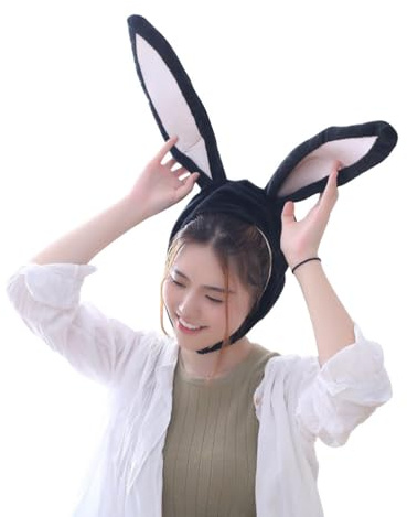 SEWACC Plüsch-tiermütze mit Hasenohren Und Beweglichen Ohren für Damen Und Mädchen, Cartoon-hut für Partys Und Fotoshootings (schwarz)