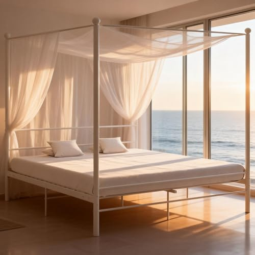 Woonisher Himmelbett Weiß Metall 180x200 cm, Elegantes Design Mit Oberem Rahmen, Einzelbetten Metallbett Für Romantisches Schlafzimmer Ambiente