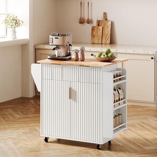 Bonnlo 80cm Kitchen Island on Wheels with Storage, White Kitchen Trolley with Worktop & Folding Table