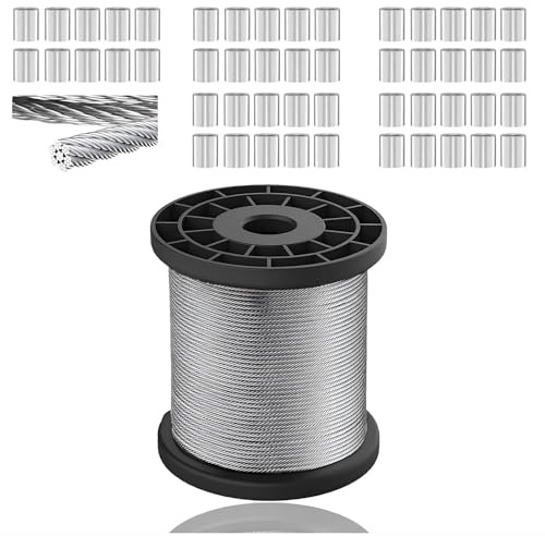 1mm Wire Rope, 304 Stainless Steel 50m Wire Cable 7x7 Strand Core Hanging Cable with 50 PCS Aluminum Crimping Loop Sleeve Metal Heavy Duty Rope for Outdoor or Indoor Use