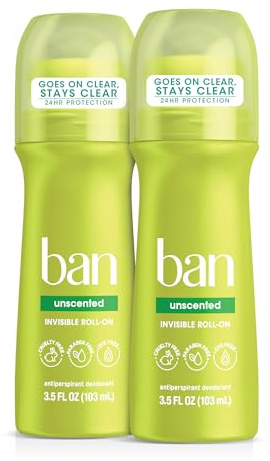 Ban Invisible Roll-on Antiperspirant Deodorant for Women and Men, 24-hour Underarm Odor & Sweat Protection, Unscented, 3.5 Oz, Pack of 2