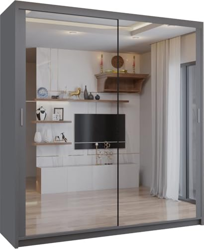 SLIDING WARDROBE 4U Double Mirror Sliding Door Wardrobe with LED LIGHT 90/120/150/180/203 (Grey, 203cm)