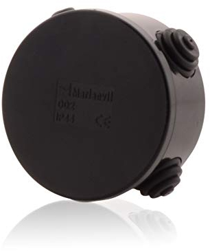 Intratec scatola di derivazione tonda IP44-80x40mm, ABS anti-UV, nero, 4 pressacavi (4-20mm), interno, esterno, ambienti umidi, ignifuga fino a 650°C