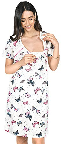 MijaCulture Camicia da Notte 2 in 1 Cotone Premaman/Allattamento/Allattamento al Seno 2074 (L, Bianco/Farfalle)