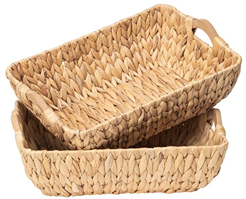 FairyHaus Wicker Baskets with Handles, Natural Wicker Basket for Organizing Shelves, Small Hand Woven Water Hyacinth Storage Baskets Set of 2, 14.96x10.04x4.73