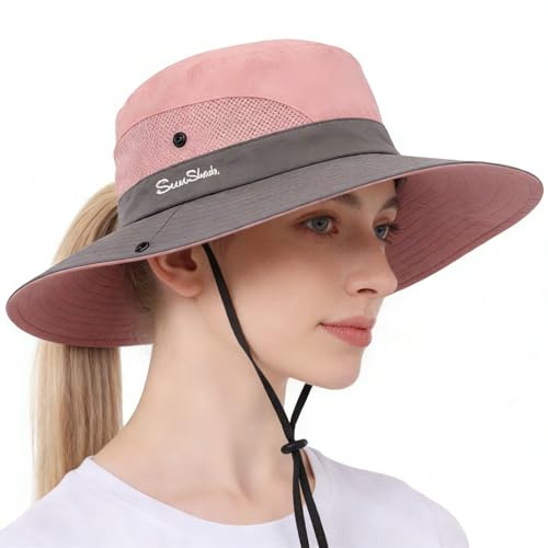 Pesaat Sonnenhut Damen Sommerhut UV Schutz Herren Sommermütze knautschbarer Wasserfester Fischerhut mit Kinnband Gartenhut Boonie hat für Gartenarbeit Wandern