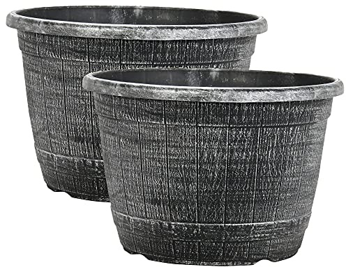 Muddy Hands Pack of 2 Silver Wooden Barrel Effect Plant Pot Round Plastic Planter Outdoor Garden Flower Tree Herb