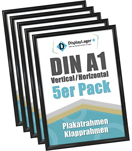 DisplayLager 5'er Sparpack Schwarz DIN A1 Klapprahmen mit 25mm Aluminium Profil, Entspiegelter Schutzscheibe, Befestigungsmaterial…