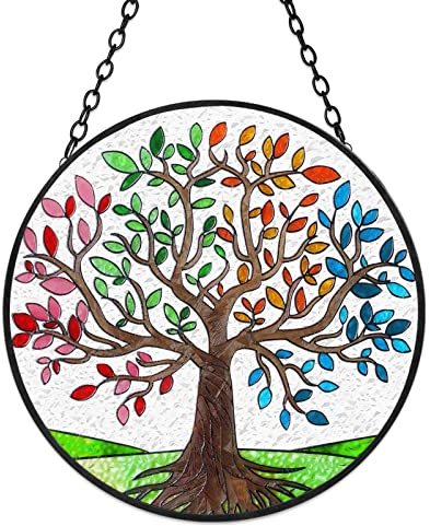 Baum des Lebens Buntglas-Sonnenfänger für Vier Jahreszeiten, Thema, Bunte Blätter, Fenster, Wandbehang, Ornament, handbemalte Glasscheibe, Dekoration, Naturliebhaber, 16x16 cm