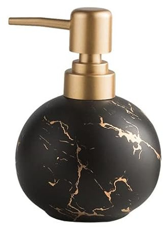 Distributeur de Savon doré pour Salle de Bain ou Cuisine - Joli Flacon de Lotion Rond en céramique - Pompe antirouille - Noir