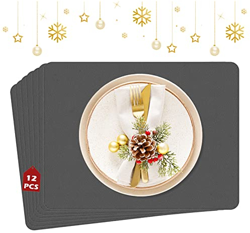 MORROLS Tovagliette Ecopelle,Set di 12 Tovagliette Impermeabile,Tovagliette Lavabili PVC Cucina, Tovagliette Colazione Ecopelle,Resistenti al Calore Tovagliette per Tavola,42 x 30 cm(Gris Oscuro 12)