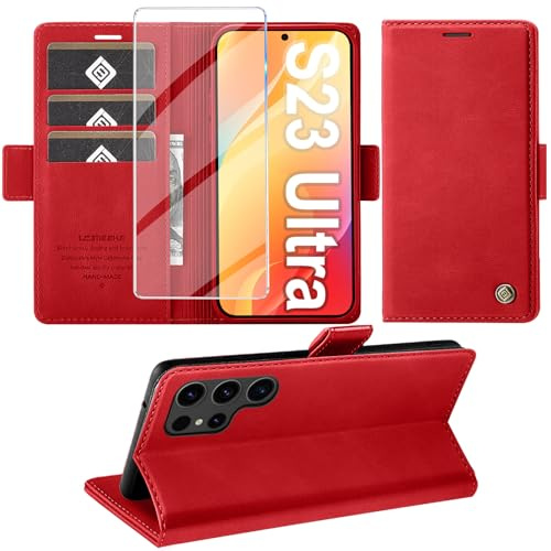 Handyhülle für Samsung Galaxy S23 Ultra 5G Hülle mit Schutzfolie, Standfunktion Kartenfach Wallet Premium Leder Schutzhülle S23 Ultra Flip Case Cover Stoßfeste Klapphülle S23 Ultra 6.8 Zoll (Rot)