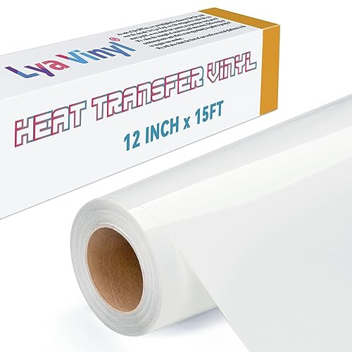 Lya Vinyl 15FT Heat Transfer Vinyl, White Iron on Vinyl Roll for Cricut, Silhouette Cameo, White HTV Vinyl for DIY Fabric, Clothes, Bags, and Other Textiles