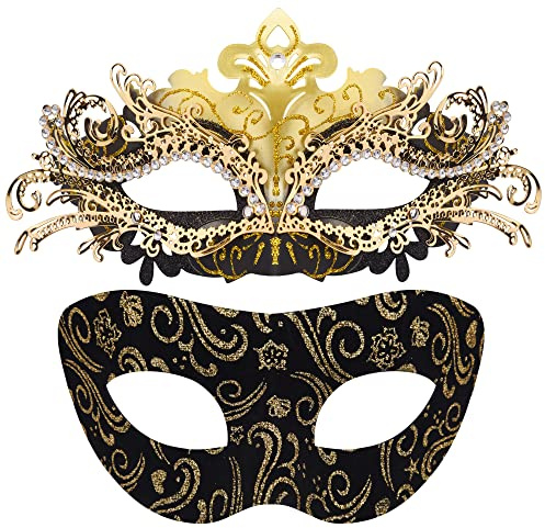 SIQUK 2 Pièces Couple Masque Vénitien Masque de Mascarade Vénitien Masque Mascarade Bal Masqué pour Femme Homme Les Yeux pour Halloween Mascarade Carnaval, Noir & Or