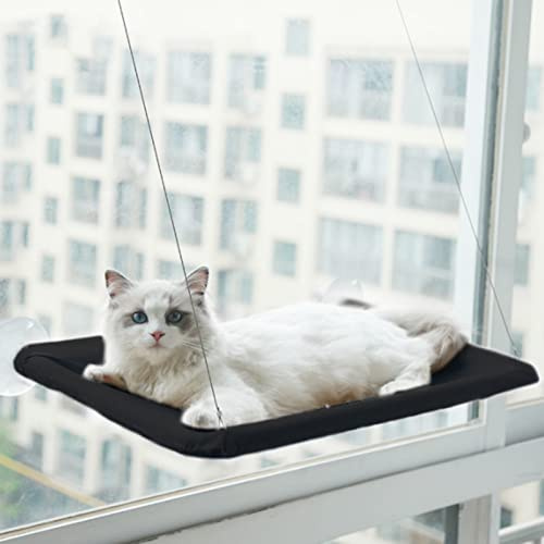 Katzen-Fensterhängematte mit Saugnäpfen, Sitzstange für Hunde zum Ausschauen von Fenstern, Katzen-Wandregale mit Kratzmatte, hält bis zu 17,5 kg, platzsparend, Stahldraht (schwarz)