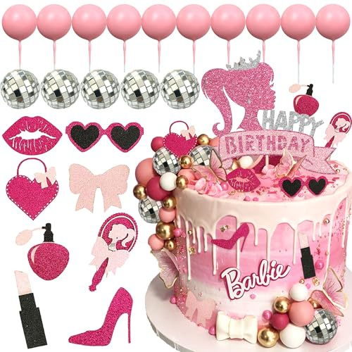 JeVenis Hot Pink Girl Birthday Cake Decoration Pink Girls Birthday Decoration Pink Balls Palm Leaves Heels Lipstick Bags Cake Topper for Bridal Shower Baby Shower