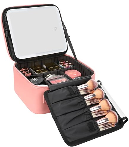 Relavel Travel Makeup Bag With LED Mirror Portable Travel Makeup Organizer 3 Color Adjustable Brightness Waterproof Cosmetic Train Case with Removable Dividers Makeup Storage for Women, Pink