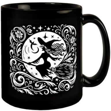 Hexe fliegt auf einem Besen im Mondschein Tasse schwarz in Schwarz Zauberin Magie Zauberei Mystische Hexerei bei Nacht Broomstick Flug HexenTasse schwarz Halloween