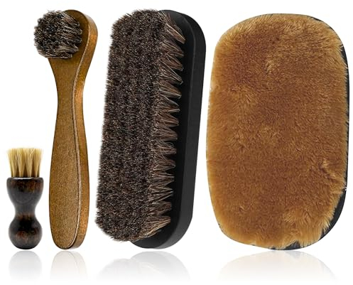 Lamondre Shoe Brush Set, Horsehair Brushes, polish brush, 3 Pcs Shoe Polish Brushes + 1 PCS Plush Polishing Glove, Ideal for Boots, Car Seats, Bags, Sofas