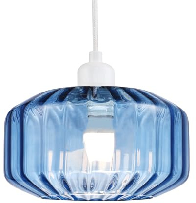 Contemporary Midnight Blue Ribbed Glass Non Electric Pendant Lamp Shade with Flat Style | 13cm x 20cm | for Kitchen Island Living Room Bedroom Dining Room etc by Happy Homewares