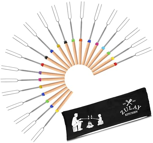 Zulay Lot de 20 bâtons de guimauve robustes extra longs pour brasero – Excellent kit de smores pour brasero – Brochettes à rôtir pour guimauve – Fourchette à hot-dog, feu de camping, accessoire de