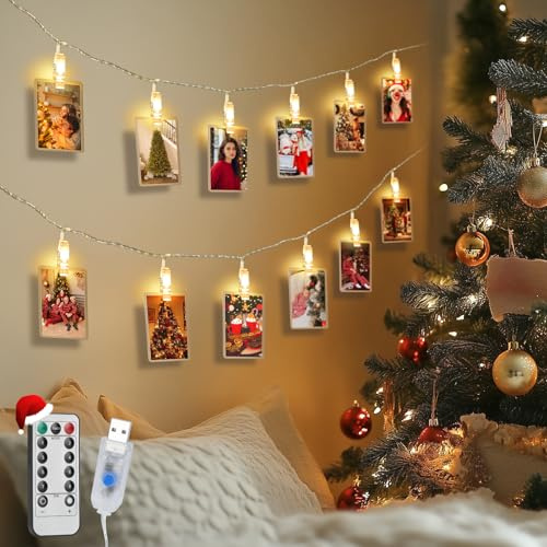 Aigostar 10M 80LED-klämmor med ljusslinga och 80 fotoklämmor, ljusslinga med fjärrkontroll, fotoklämmor, dekorativ girlang för jul, rum (varmvit)