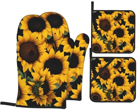 YYHWHJDE Set di 4 presine e presine con stampa di girasole su sfondo nero, spessi e resistenti, anti-scottatura e termoisolanti