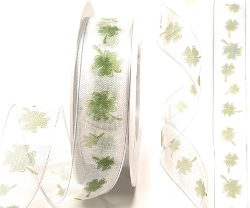 s.dekoda Schleifenband 20m x 25mm Organza Glück Klee Kleeblatt Geschenkband Dekoband [D9127]