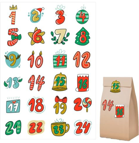 Adventskalender Aufkleber, Aufkleber Weihnachten Zahlen 1-24 Weihnachtskalender Zahlenaufkleber Selbstklebende Sticker Für Kalender Weihnachtsetiketten Für Geschenkverpackung, Weihnachtsdekoration