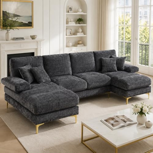 Lubvtti Divano moderno grande in ciniglia a forma di U con doppi sedili reclinabili,divano angolare,divano 4 posti per soggiorno/camera da letto,grigio