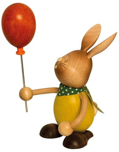 Drevhållare Kuhnert påskdekoration/påskhare Stupsi-kanin med ballong 11 cm, tillverkad av finaste trä, för en förtrollande påskfest eller hållbar dekoration, träkonst tillverkad i Tyskland