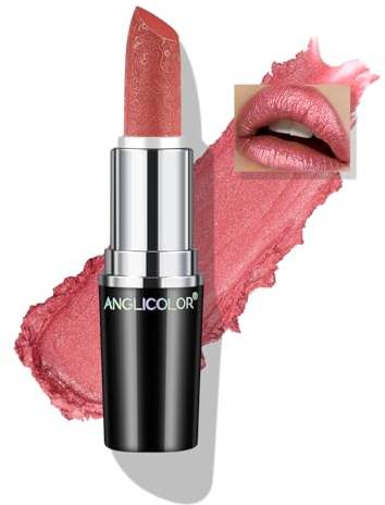 Anglicolor Glitzer Lippenstift Rosa Metallic Glänzend Glossy, Shimmer Lipstick Seidig Velvet Langanhaltend Feuchtigkeitsspendende, Vegan Lipgloss Damen Mädchen Make-up (04 BLUSH WINES, 4g)