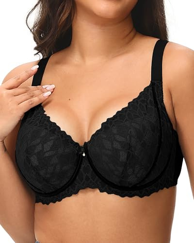 Svmer Women‘s Lace Bra Plus Size Comfortable Ladies Support Underwire Push Up Bra All Black 34DD