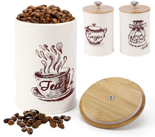 Jasfyee Coffee Sugar Tea Containers, Food Storage and Organization with Bamboo Lids, Tea Sugar Canisters for Coffee, Sugar, Tea, Biscuit, Cookies